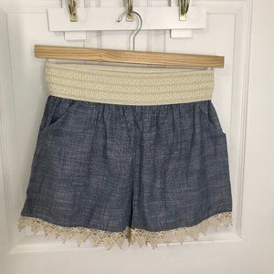 Denim like crochet trim linen shorts